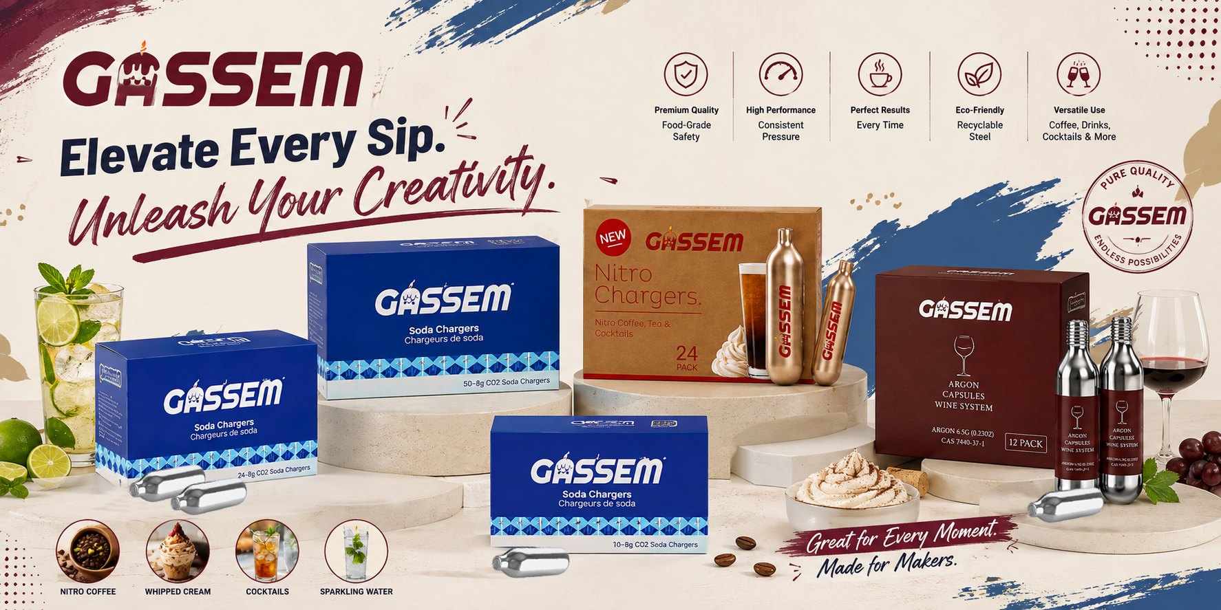 GASSEM CO2 soda, N2 nitro and argon chargers